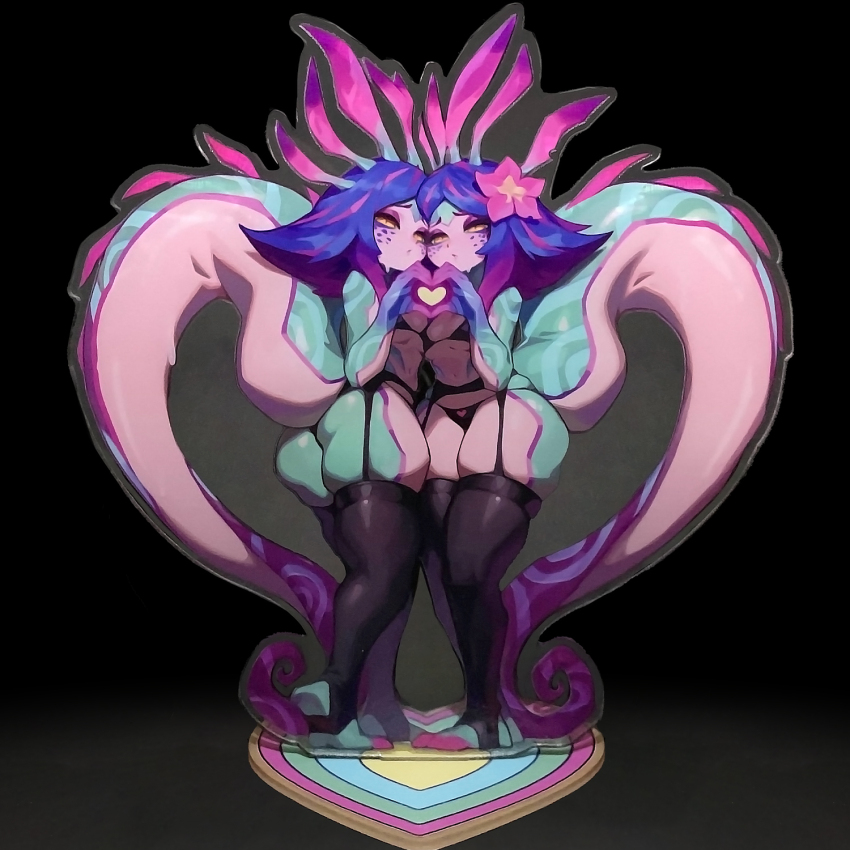 1girl black_background black_bra black_panties black_thighhighs blue_hiar bra breasts brown_background flower garter_belt hair_flower hair_ornament heart heart_hands heart_hands_duo highres league_of_legends long_hair neeko_(league_of_legends) panties pink_flower pink_hair reagan_long selfcest shiny_skin skindentation small_breasts solo standing thighhighs toeless_legwear underwear