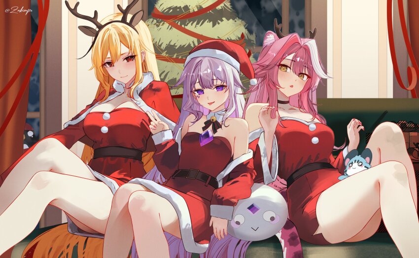 3girls animal_ear_fluff animal_ears antlers bare_shoulders bell belt black_choker blonde_hair breasts capelet center-flap_bangs chattino_(raora_panthera) chest_jewel choker christmas_tree cleavage closed_mouth commentary couch cropped_jacket deer_ears detached_collar detached_sleeves double-parted_bangs dress english_commentary fake_animal_ears fake_antlers fang fur-trimmed_capelet fur-trimmed_dress fur-trimmed_jacket fur-trimmed_sleeves fur_trim gem hair_between_eyes hair_flaps hair_intakes hand_up hands_up hat highres hololive hololive_english hololive_indonesia horns indoors jacket kaela_kovalskia koseki_bijou large_breasts long_hair long_sleeves looking_at_viewer multicolored_hair multiple_girls nail_polish neck_bell off_shoulder on_couch open_mouth panther_ears panther_girl panther_tail pebble_(koseki_bijou) pink_hair pink_nails pom_pom_(clothes) purple_eyes purple_gemstone purple_hair raora_panthera red_capelet red_dress red_eyes red_hat red_jacket reindeer_antlers santa_costume santa_hat short_dress sidelocks sitting skin_fang small_breasts smile streaked_hair tail tongue tongue_out v very_long_hair virtual_youtuber white_hair yellow_eyes zakimpo