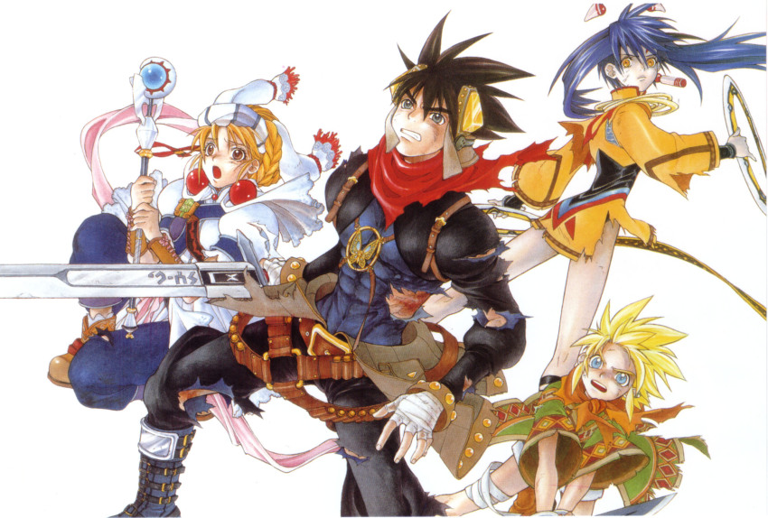 2boys 2girls abs bandages belt blonde_hair blue_hair braid brown_hair bug butterfly chakram dress earrings elena_(grandia) grandia grandia_ii highres insect jewelry kanoe_youshi multiple_boys multiple_girls official_art roan_(grandia) ryudo_(grandia) serious short_dress single_earring spiked_hair staff sword tio_(grandia) torn_clothes weapon white_background