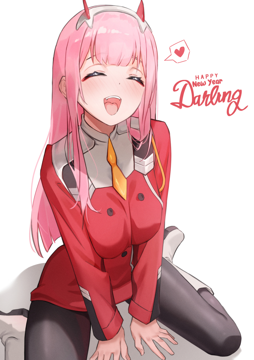 1girl blush breasts closed_eyes commentary darling_in_the_franxx english_commentary english_text eyeshadow fangs hairband happy_new_year heart highres horns jacket kangbus large_breasts long_hair long_sleeves makeup necktie new_year open_mouth orange_necktie pink_hair red_eyeshadow red_horns red_jacket simple_background sitting smile solo spoken_heart teeth tongue upper_teeth_only wariza white_footwear white_hairband zero_two_(darling_in_the_franxx)