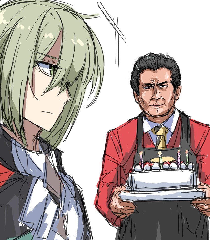 2boys absurdres apron birthday_cake black_apron black_hair blonde_hair cake candle elan_ceres food formal_clothes gundam gundam_suisei_no_majo happy_birthday hebi_(rarata6o) highres holding holding_cake holding_food kamen_rider kamen_rider_ooo_(series) kougami_kousei multiple_boys red_suit simple_background sketch suit white_background