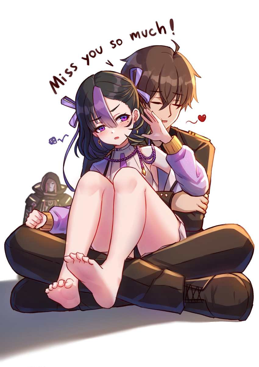 1boy 2girls absurdres barefoot black_panties closed_eyes commander_(nikke) couple earrings english_text feet goddess_of_victory:_nikke hair_ornament hetero highres hug jewelry jimpu6 military_uniform mole mole_under_eye multiple_girls panties purple_eyes short_hair simple_background spoilers syuen_(nikke) thighs underwear yuni_(nikke)