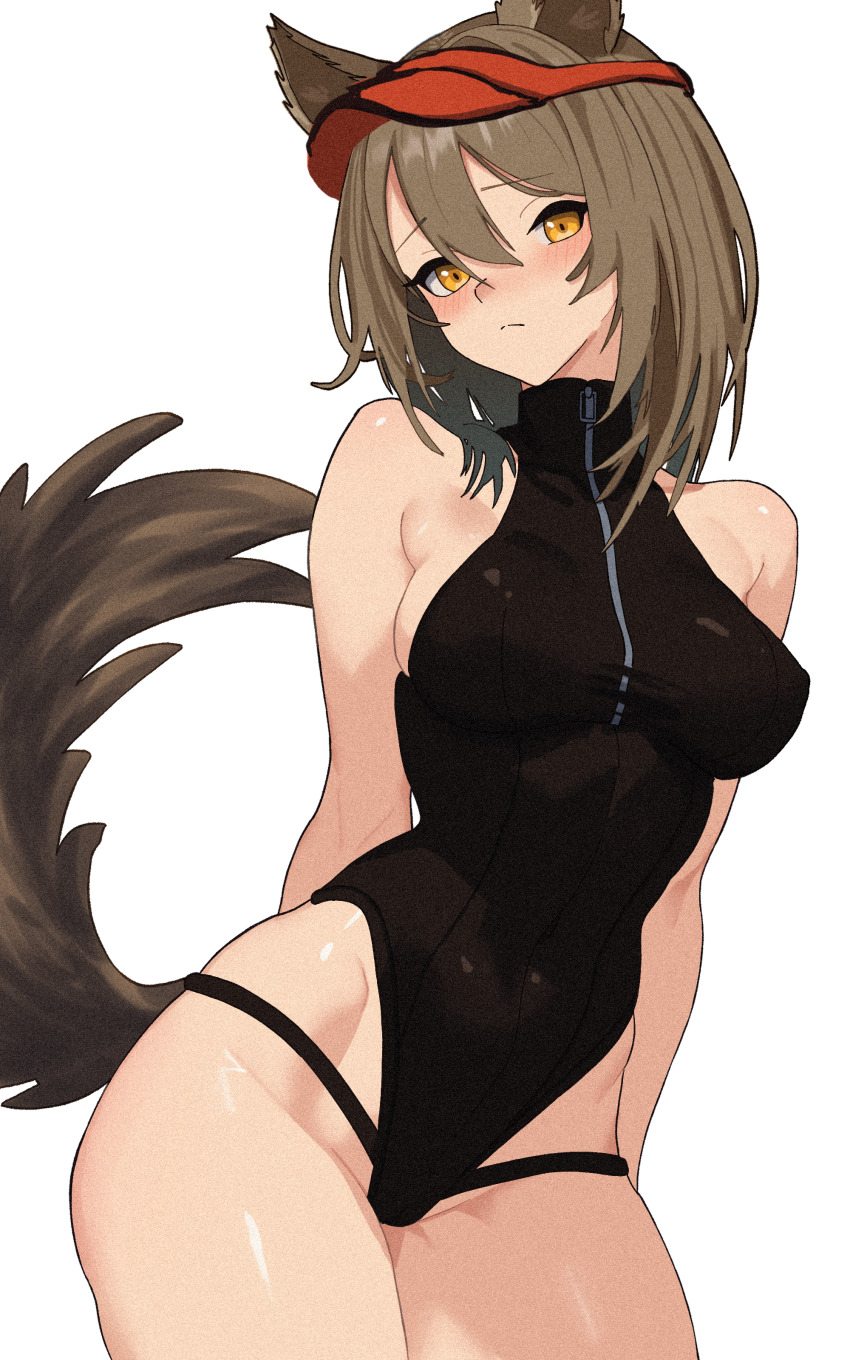 1girl absurdres animal_ears arknights arms_behind_back bare_shoulders binware black_one-piece_swimsuit blush breasts brown_hair closed_mouth commentary_request cowboy_shot hair_between_eyes highleg highleg_one-piece_swimsuit highres looking_at_viewer medium_breasts official_alternate_costume one-piece_swimsuit orange_eyes projekt_red_(arknights) projekt_red_(light_breeze)_(arknights) short_hair solo swimsuit tail transparent_background wolf_ears wolf_girl wolf_tail