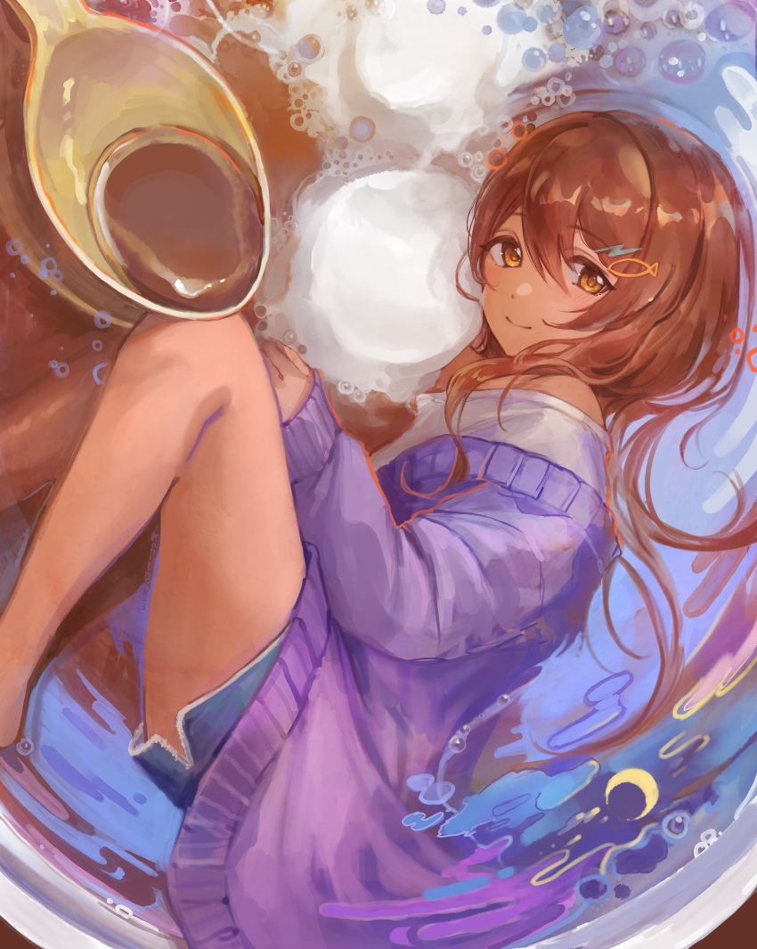 1girl absurdres afloat bare_legs blue_shorts brown_hair cardigan commentary_request crescent cup double-parted_bangs feet_out_of_frame fetal_position fish_hair_ornament hai_bokusha hair_between_eyes hair_ornament hair_over_shoulder highres hot_chocolate idolmaster idolmaster_shiny_colors light_blush lightning_bolt lightning_bolt_hair_ornament lightning_bolt_symbol long_hair looking_at_viewer mini_person minigirl mug orange_eyes osaki_tenka partially_submerged purple_cardigan shirt shorts side_slit side_slit_shorts smile solo surreal teaspoon white_shirt