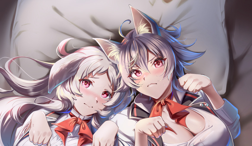 2girls ahoge animal_ears bed_sheet blush breasts cleavage closed_mouth dog_ears highres large_breasts long_hair looking_at_viewer lying medium_hair multiple_girls mushoku_tensei neck_ribbon on_back paw_pose pillow pursena_adoldia red_eyes red_ribbon ribbon rinia_dedoldia shirt upper_body white_hair white_shirt yujin_(kanouyuuto-0423)