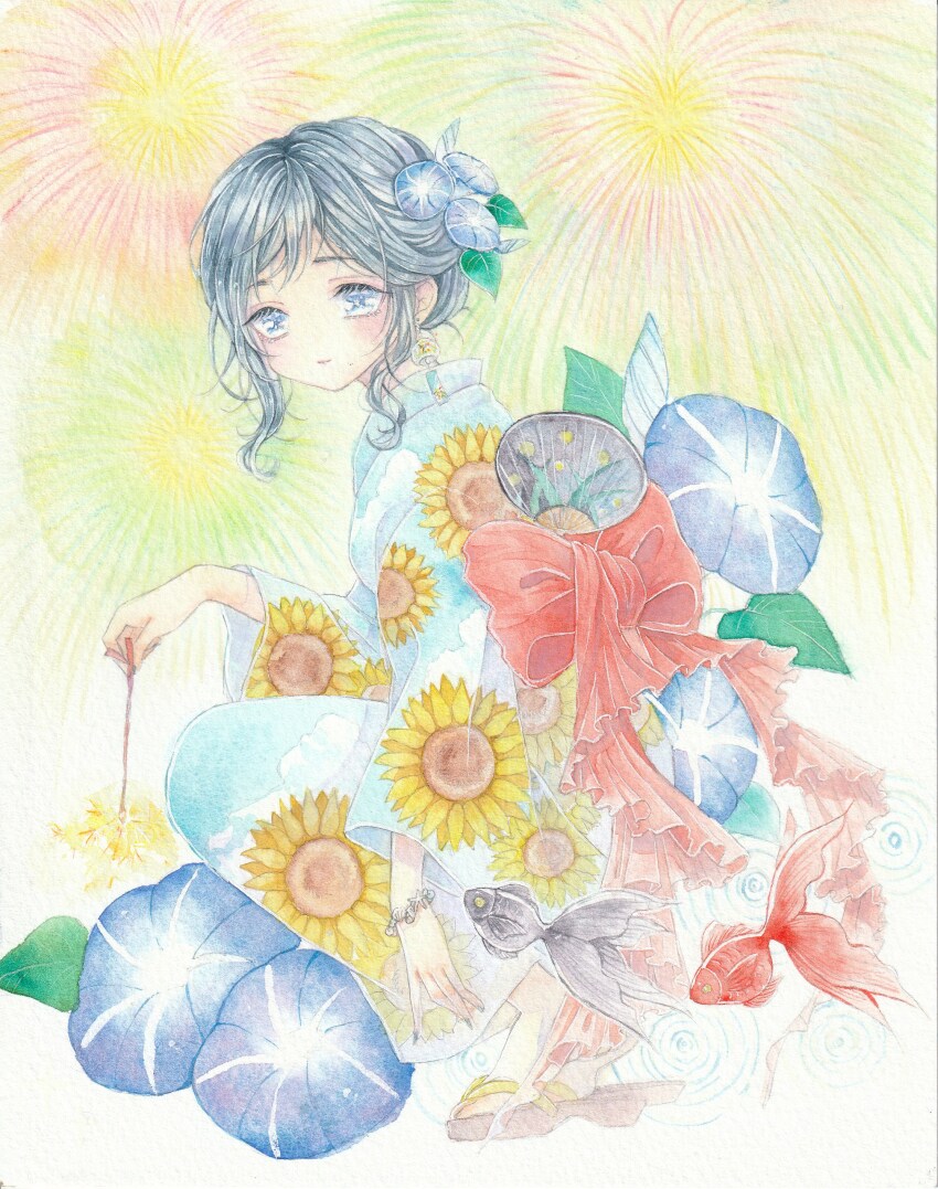 1girl absurdres amu_(m_aa) back_bow black_hair blue_eyes blue_flower blue_kimono bow bracelet brown_sandals closed_mouth cloud_print commentary_request earrings eyelashes fireworks fish floral_print flower full_body hair_flower hair_ornament highres holding holding_fireworks japanese_clothes jewelry kimono long_sleeves morning_glory original painting_(medium) print_kimono red_bow sandals short_hair smile solo squatting sunflower_print traditional_media watercolor_(medium) wind_chime_earrings