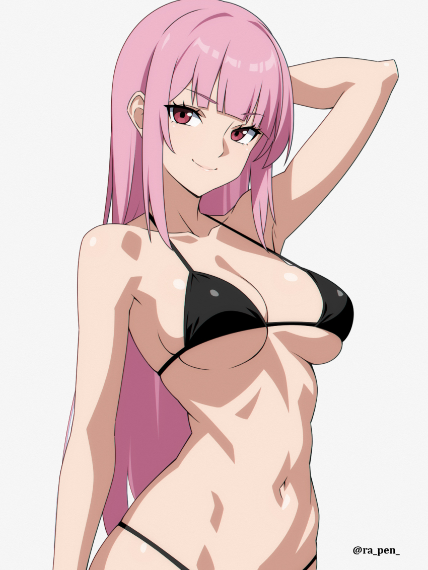 1girl artist_name bikini black_bikini blunt_bangs breasts cleavage closed_mouth collarbone highres hololive hololive_english large_breasts long_hair looking_at_viewer mori_calliope navel pink_hair ra-pen red_eyes simple_background smile solo swimsuit toned toned_female twitter_username underboob upper_body very_long_hair virtual_youtuber white_background