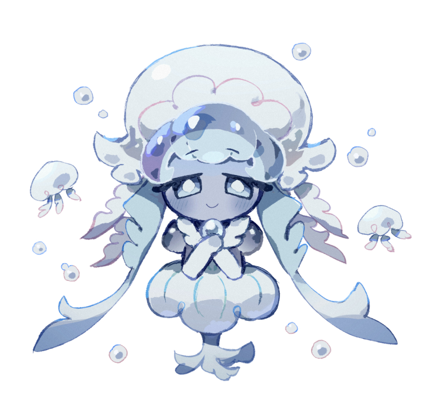 1girl air_bubble blue_scarf bright_pupils bubble closed_mouth cookie_run cookie_run:_kingdom dress frilled_jellyfish_cookie full_body grey_hair hat jellyfish_girl juliet_sleeves long_sleeves looking_at_viewer own_hands_together puffy_sleeves revi_616 scarf simple_background smile solo straight-on white_background white_dress white_hat white_pupils