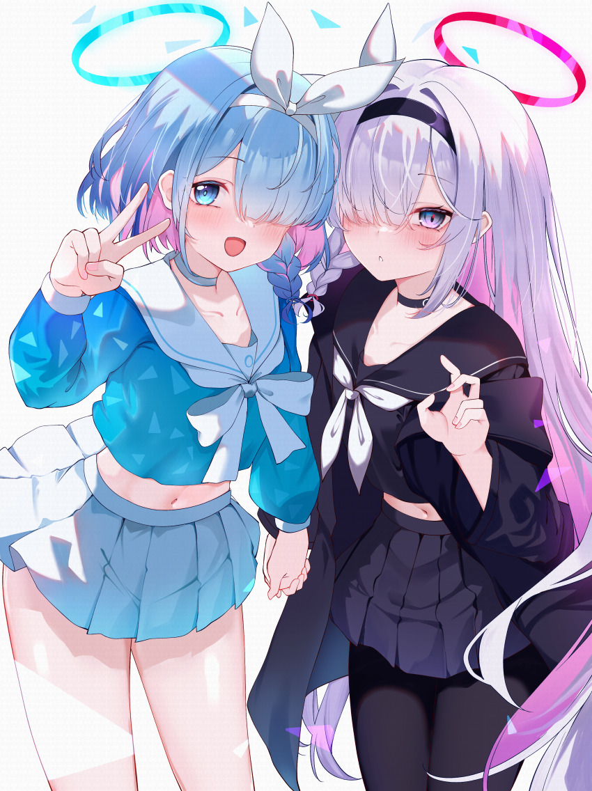 2girls absurdres arona_(blue_archive) blue_archive calin hairband halo highres long_hair looking_at_viewer multiple_girls navel plana_(blue_archive) sidelocks skirt v