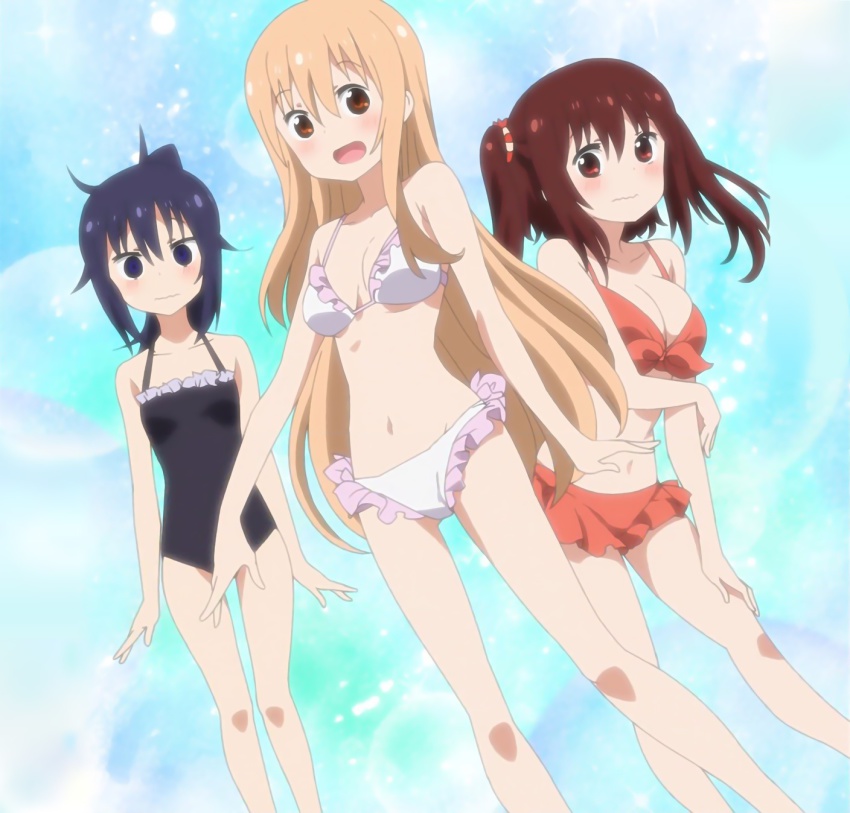 10s 3girls anime_screenshot bikini black_one-piece_swimsuit blonde_hair blue_eyes blush breasts brown_eyes brown_hair cleavage doma_umaru dutch_angle ebina_nana gradient_background highres himouto!_umaru-chan large_breasts leaning_forward long_hair looking_at_viewer motoba_kirie multiple_girls navel one-piece_swimsuit orange_bikini ponytail purple_hair red_eyes short_twintails smile sparkle standing stitched swimsuit thigh_gap thighs third-party_edit twintails wavy_mouth white_bikini