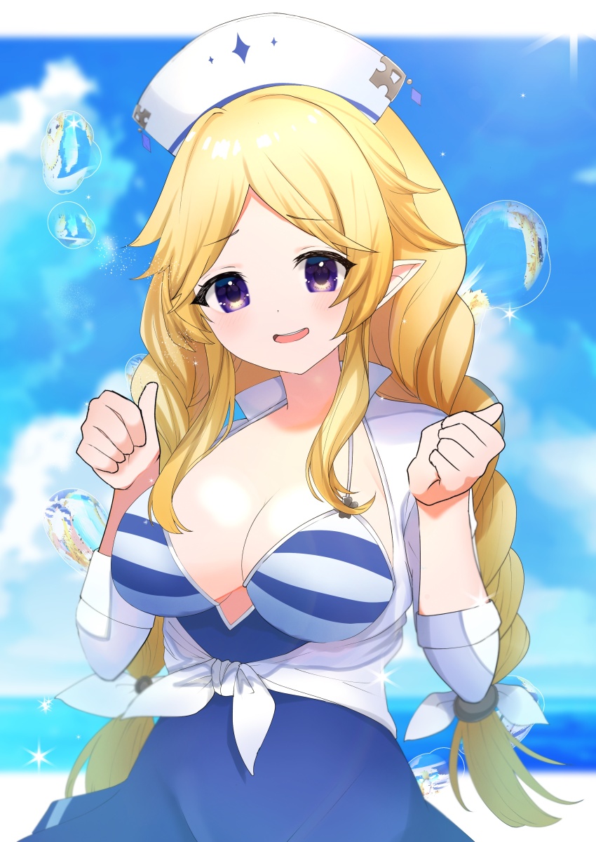 1girl absurdres bikini blonde_hair breasts cleavage commentary_request elf highres large_breasts long_hair looking_at_viewer official_alternate_costume open_mouth parted_bangs pointy_ears princess_connect! purple_eyes shiroue_tomari sidelocks smile solo striped_bikini striped_clothes swimsuit yukari_(princess_connect!) yukari_(summer)_(princess_connect!)