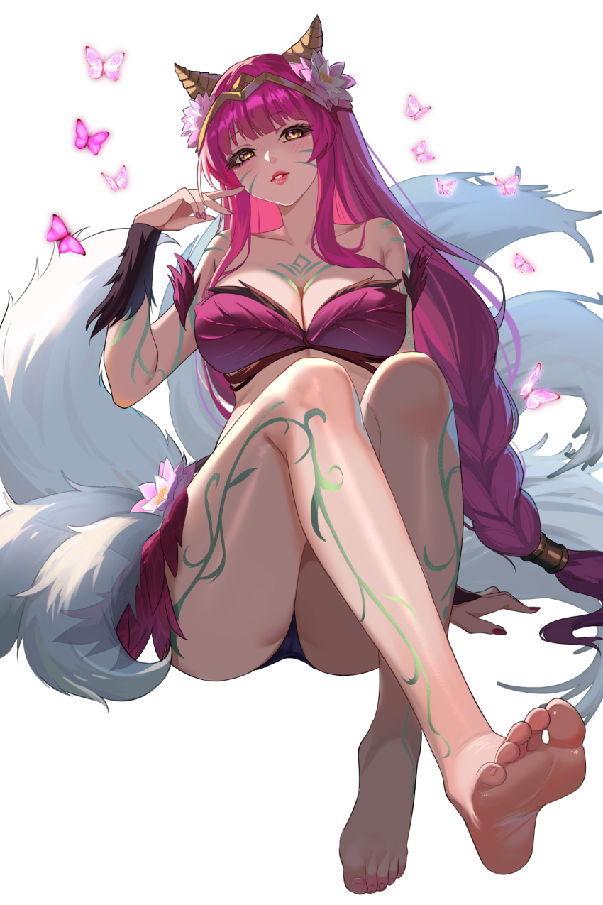 1girl ahri_(league_of_legends) barefoot blush breasts bug butterfly cleavage feet gher5 highres insect league_of_legends long_hair looking_at_viewer multiple_tails panties pantyshot parted_lips pink_hair soles tail toes underwear white_background yellow_eyes