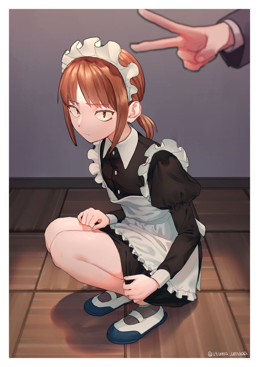 2girls absurdres black_dress brown_eyes brown_hair commentary_request dress full_body highres indoors juliet_sleeves long_sleeves looking_at_viewer low_ponytail maid maid_headdress multiple_girls original ponytail puffy_sleeves short_hair short_ponytail solo_focus squatting sukuyo_onaka v