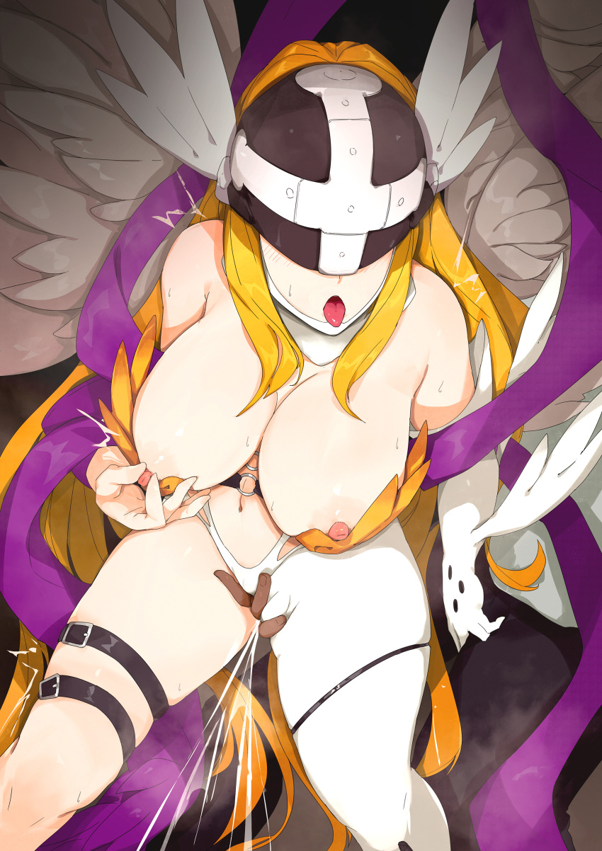 1boy 1girl absurdres angel angel_girl angel_wings angewomon asymmetrical_clothes asymmetrical_legwear bare_shoulders blonde_hair breasts collarbone covered_eyes cum dark-skinned_male dark_skin digimon digimon_(creature) digimon_adventure elbow_gloves female_ejaculation gloves helmet helmet_over_eyes highres large_breasts long_hair multiple_wings nipples open_mouth purple_shawl pussy pussy_juice ryunens shawl skindentation sweat thick_thighs thigh_strap thighs tongue tongue_out variant_set very_long_hair wings