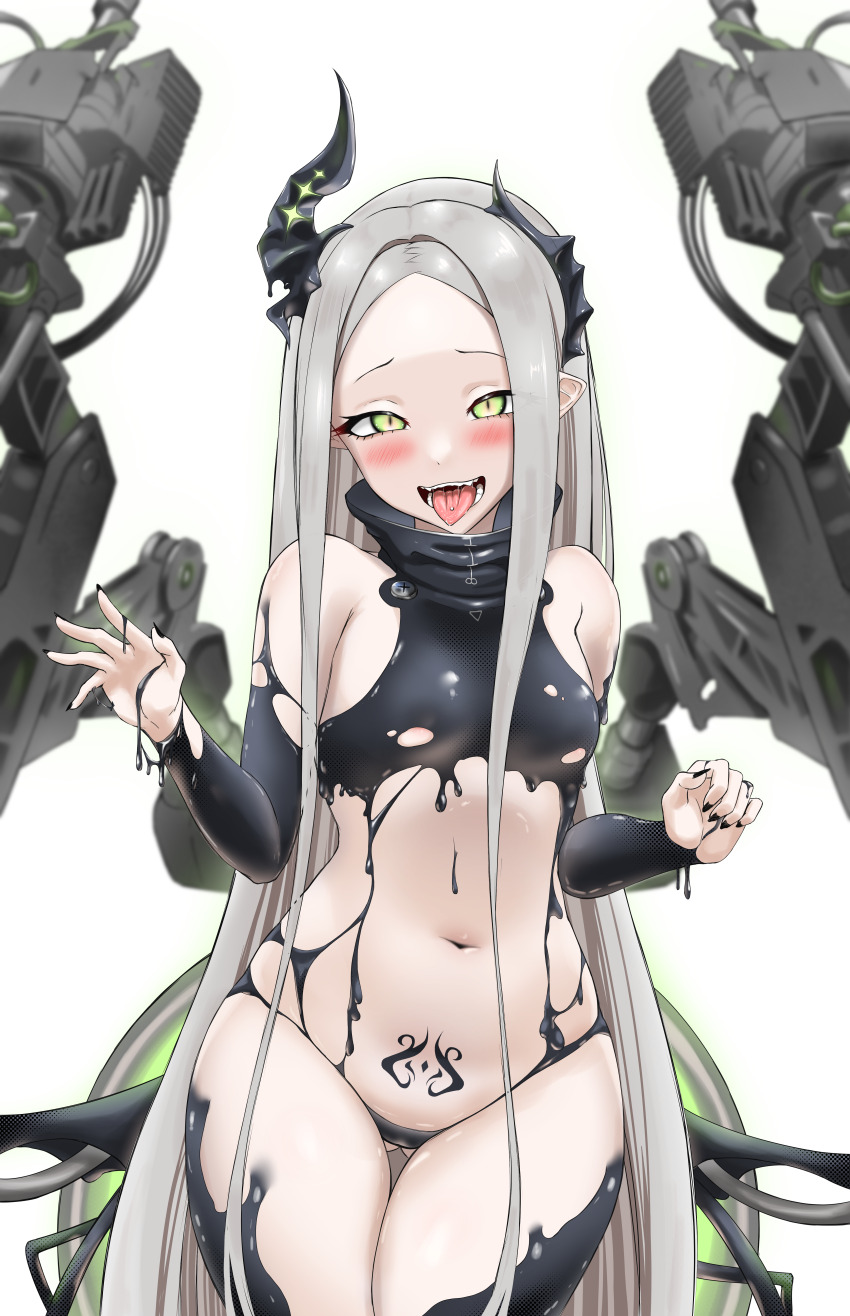 1girl absurdres black_horns black_liquid black_nails blush breasts fangs forehead four_beasts_(nikke) gluteal_fold goddess_of_victory:_nikke green_eyes grey_hair highres horns kyuwon3380 leviathan_(nikke) liquid_clothes long_hair looking_at_viewer mesugaki navel open_mouth piercing pointy_ears simple_background small_breasts solo tattoo thick_thighs thighs tongue tongue_out tongue_piercing very_long_hair white_background