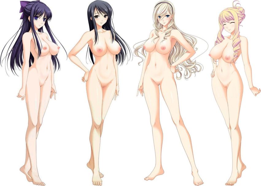 10s 4girls bertille_althusser black_hair blonde_hair blue_eyes breasts celia_kumani_entory censored closed_eyes highres hiiragi_ayako large_breasts lineup long_hair multiple_girls nipples nude ryuuzouji_akane smile standing walkure_romanze white_background