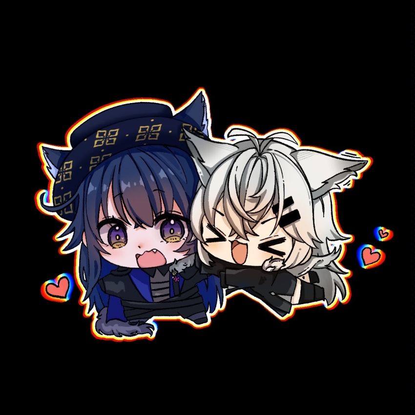 &gt;_&lt; 2girls animal_ears arknights black_background black_hair black_hat chibi chibi_only chinese_commentary chromatic_aberration closed_eyes commentary_request ears_through_headwear fang grey_hair hair_between_eyes hair_ornament hairclip hat heart hug lappland_(arknights) long_hair multiple_girls official_alternate_costume open_mouth purple_eyes simple_background smile surprised texas_(arknights) texas_the_omertosa_(il_segreto_della_notte)_(arknights) wolf_ears wolf_girl yuri zhengyi_de_qingqingzi