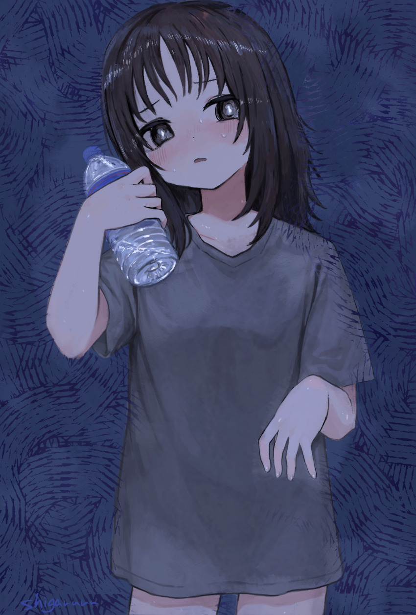 1girl bad_perspective black_eyes blue_background blush bottle bright_pupils brown_hair collarbone commentary cowboy_shot english_commentary grey_shirt hands_up head_tilt highres holding holding_bottle looking_at_viewer medium_hair no_pants original parted_lips shii595 shirt short_sleeves signature simple_background solo standing sweat t-shirt water_bottle white_pupils