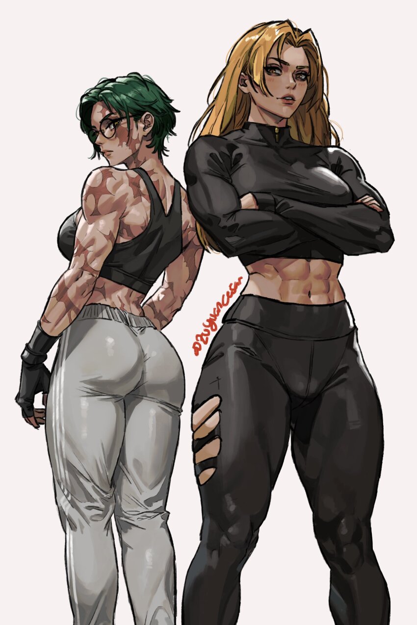 2girls abs absurdres ass blonde_hair crossed_arms fingerless_gloves glasses gloves green_hair highres jujutsu_kaisen long_hair midriff multiple_girls muscular muscular_female pants round_eyewear short_hair signature tank_top tight_clothes toned track_pants tsukumo_yuki_(jujutsu_kaisen) white_background zen&#039;in_maki zu_yuan_cesar