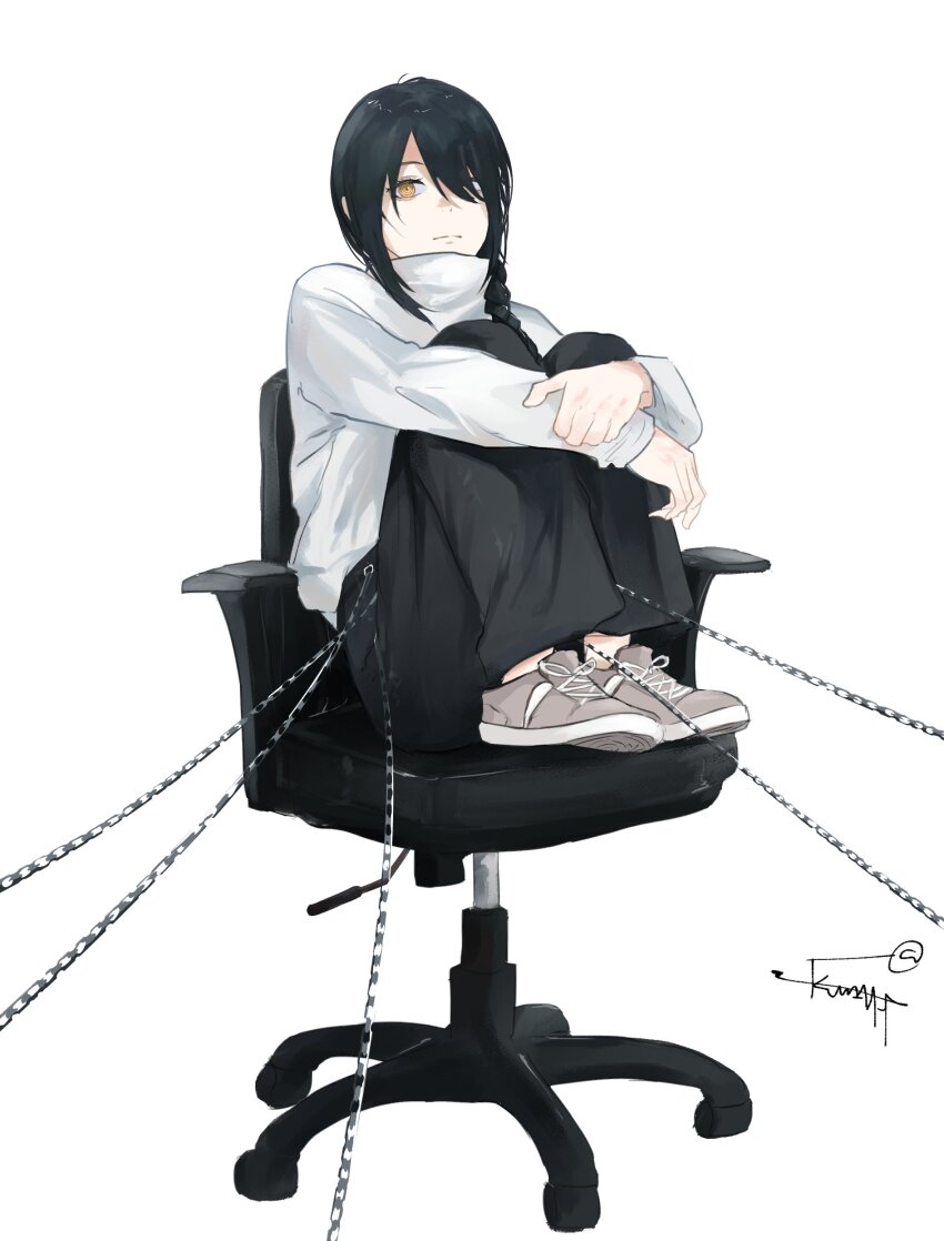 1girl absurdres black_hair black_pants braid braided_ponytail chain chainsaw_man chair expressionless fetal_position grey_footwear highres kumah_dessu leash_belt looking_at_viewer nayuta_(chainsaw_man) pants ringed_eyes shirt short_hair solo white_background white_shirt yellow_eyes