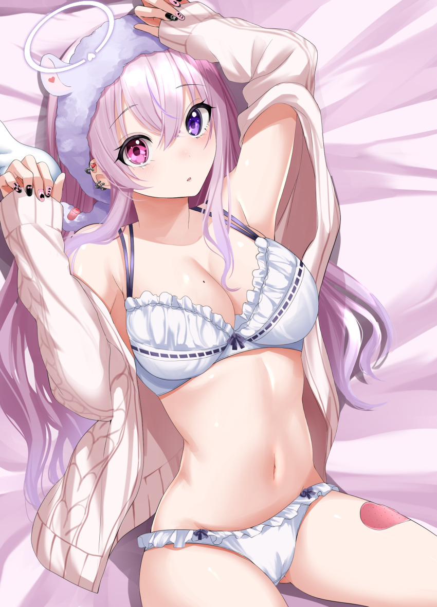 1girl absurdres akihila blush bra breasts breasts_day cardigan ear_piercing frilled_bra frilled_panties frills halo heterochromia highres indie_virtual_youtuber kurumizawa_ririka large_breasts long_hair looking_at_viewer mole mole_on_breast nail_art navel open_cardigan open_clothes panties parted_lips piercing pink_eyes pink_hair purple_eyes solo underwear virtual_youtuber white_bra white_panties