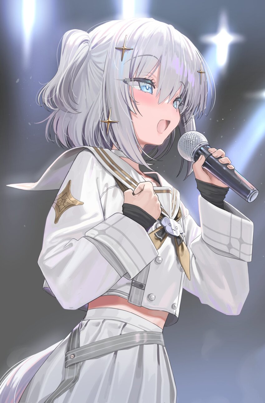 1girl blue_eyes blurry blush brown_neckerchief clenched_hand depth_of_field hair_ornament highres holding holding_microphone kanzarin long_sleeves looking_afar microphone midriff_peek neckerchief open_mouth sailor_collar shirt short_hair skirt smile solo star_(symbol) star_hair_ornament tamaki_(voisona) two_side_up voisona white_hair white_sailor_collar white_shirt white_skirt