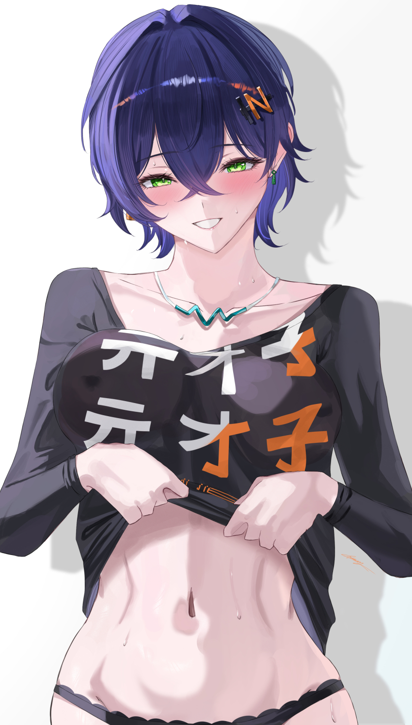 1girl absurdres belle_(zenless_zone_zero) black_panties black_shirt blush breasts clothes_lift covered_erect_nipples crossed_bangs earrings green_eyes grin highres jewelry large_breasts lifting_own_clothes long_sleeves looking_at_viewer miya-chan_(lightning0730) navel panties print_shirt purple_hair shirt shirt_lift short_hair smile solo stomach sweat underwear zenless_zone_zero