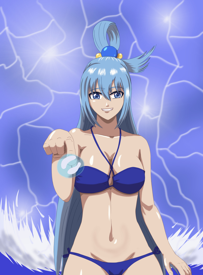 1girl absurdres aqua_(konosuba) beach blue_eyes blue_hair breasts highres jesus_dancho kono_subarashii_sekai_ni_shukufuku_wo! large_breasts long_hair smile swimsuit