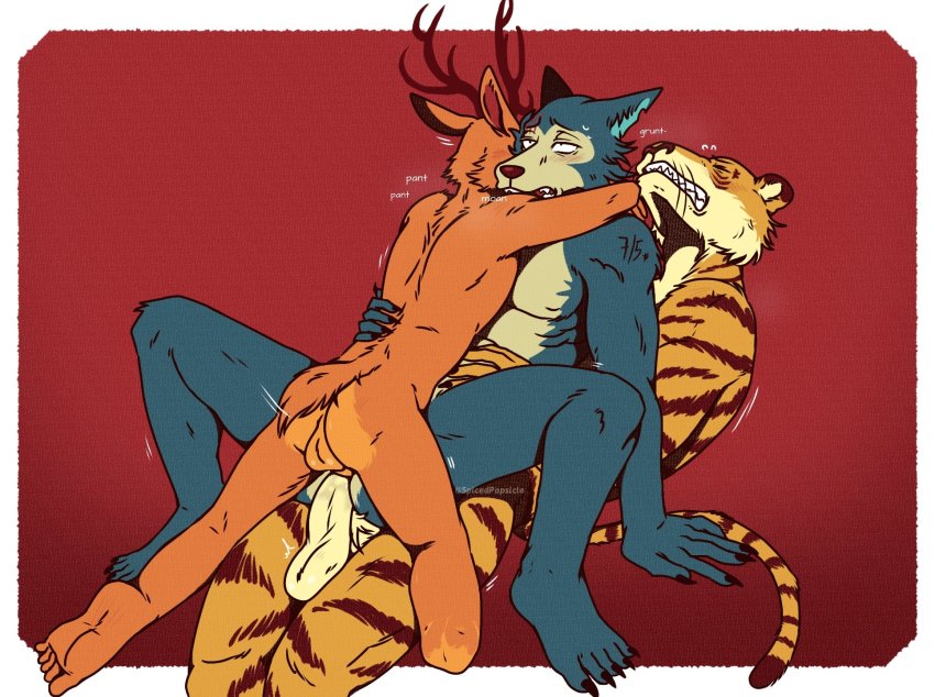 3boys animal_ears beastars bill_(beastars) double_penetration furry group_sex highres legoshi louis_(beastars) mmm_threesome multiple_boys nude sex tagme testicles threesome tiger wolf wolf_ears yaoi