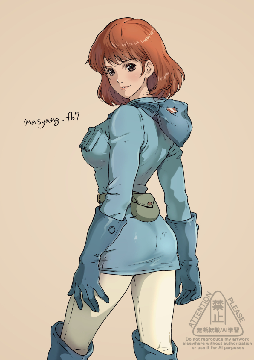 1girl artist_name ass belt belt_pouch blue_boots blue_dress blue_gloves boots breasts brown_background brown_eyes brown_hair commentary_request cowboy_shot dress from_behind gloves highres kaze_no_tani_no_nausicaa knee_boots light_blush long_sleeves looking_at_viewer looking_back mask medium_breasts nausicaa pants parted_lips partial_commentary pouch ryu_(masu_nantoka-san) short_hair smile solo standing unworn_mask watermark white_pants