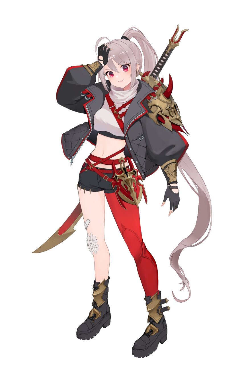 absurdres ahoge armor bandaid bandaid_on_knee bandaid_on_leg black_boots black_gloves black_jacket black_shorts breasts closed_mouth crop_top fingerless_gloves full_body geulemaen gloves grey_hair hand_on_own_forehead hashtag-only_commentary highres jacket long_hair long_sleeves looking_at_viewer medium_breasts navel open_clothes open_jacket original ponytail red_eyes short_shorts shorts shoulder_armor simple_background single_bare_leg smile solo standing sword turtleneck unzipped very_long_hair weapon weapon_on_back white_background