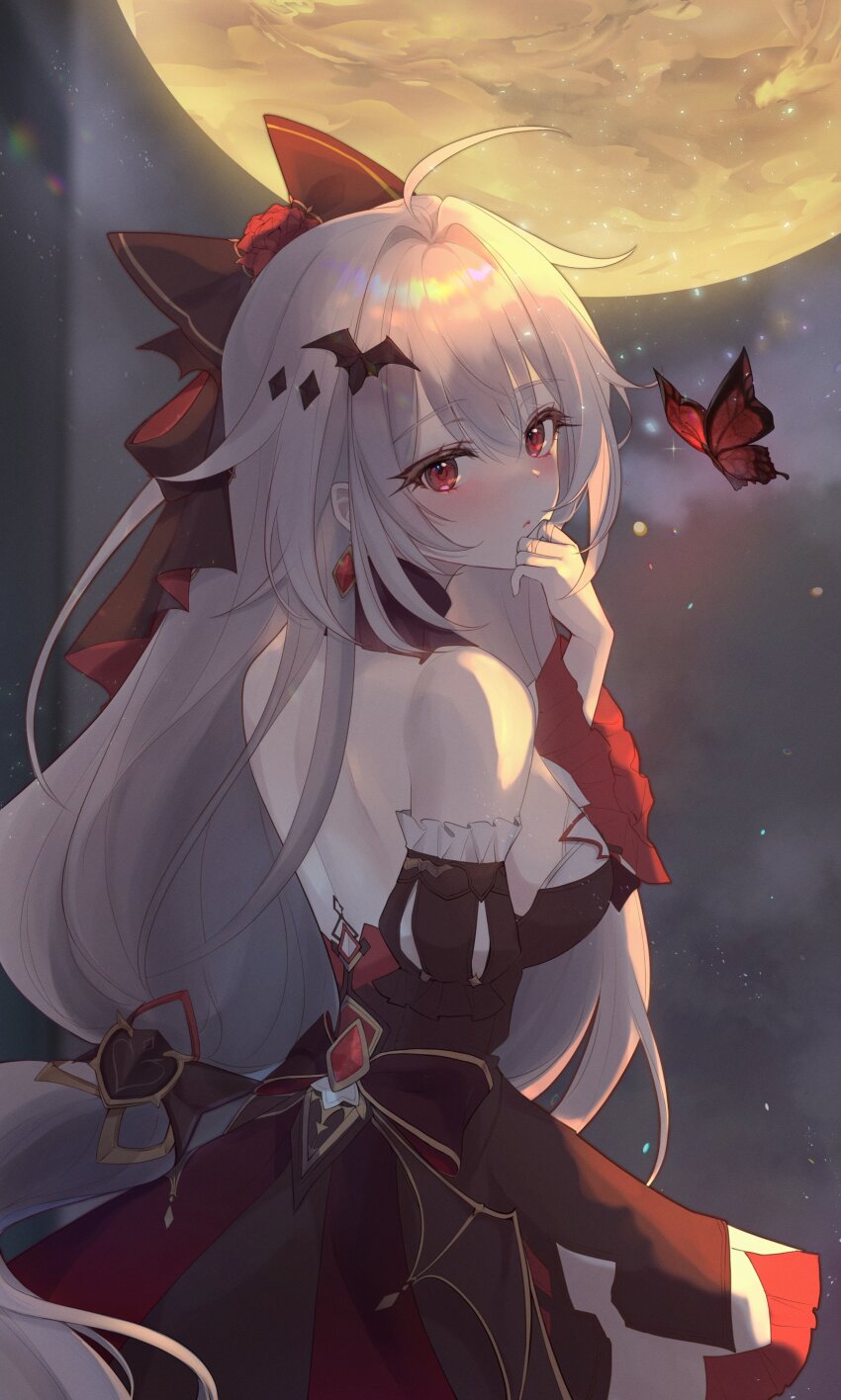 1girl absurdres back bare_shoulders bat_hair_ornament black_dress black_ribbon blush breasts bug butterfly dress earrings full_moon hair_ornament hair_ribbon highres honkai_(series) honkai_impact_3rd insect jewelry large_breasts long_hair looking_at_viewer looking_back moon night night_sky pon9019 red_butterfly red_eyes ribbon sky theresa_apocalypse theresa_apocalypse_(luna_kindred) theresa_apocalypse_(lunar_vow:_crimson_love) upper_body white_hair