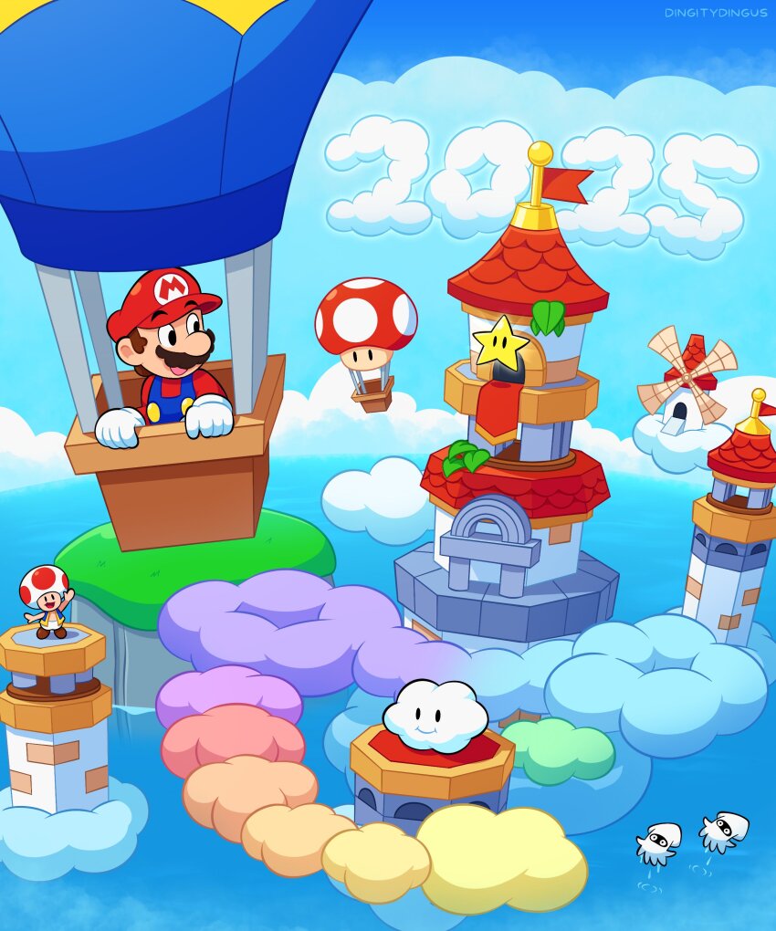 2boys absurdres aircraft blooper_(mario) blue_overalls cabbie_hat cloud facial_hair hat highres hot_air_balloon long_sleeves male_focus mario mario_(series) mario_party multiple_boys mustache new_year nintendo overalls power-up red_hat red_shirt shirt super_mario_party_jamboree super_star_(mario) toad_(mario) vinny_(dingitydingus)