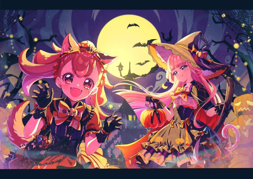 2girls animal_ears barefoot bat_(animal) black_cape black_dress black_gloves black_hat blonde_hair blue_eyes bow bowtie broom brown_hair building cape claw_pose dress earrings fangs full_moon gloves half-closed_eyes halloween halloween_bucket halloween_costume hat highres holding holding_broom inukai_komugi jack-o&#039;-lantern_brooch jewelry layered_dress letterboxed long_hair medium_dress moon multiple_girls nekoyashiki_yuki night open_mouth orange_bow orange_bowtie orange_cape outdoors precure puffy_short_sleeves puffy_sleeves red_eyes rice_rabbit22 scar scar_on_face short_sleeves silk smile spider_web split_ponytail star_(symbol) tail two-sided_cape two-sided_fabric wind witch_hat wolf_ears wolf_tail wonderful_precure!