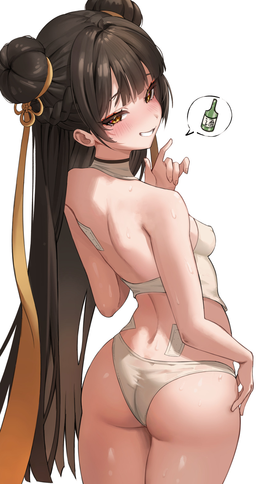 1girl absurdres ass bare_shoulders black_survival blush bra braid breasts brown_hair clenched_teeth commentary covered_erect_nipples dasi_(kwts3227) double_bun eternal_return:_black_survival grin hair_bun highres li_dailin long_hair looking_at_viewer panties sideboob simple_background small_breasts smile solo standing sweat teeth underwear underwear_only white_background white_bra white_panties yellow_eyes