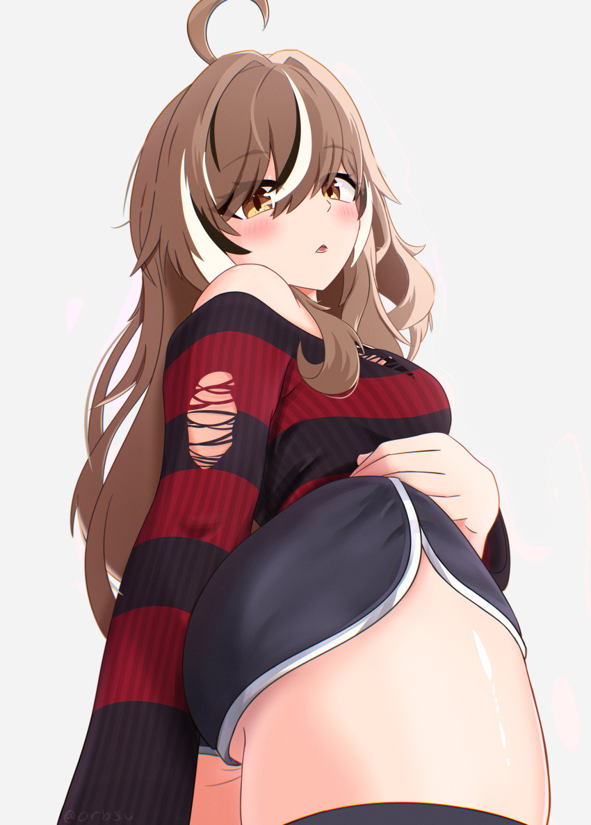 absurdres ahoge ass brown_eyes brown_hair dolphin_shorts highres hololive hololive_english looking_at_viewer looking_down nanashi_mumei nanashi_mumei_(emo) orbsu self-upload shorts sweater thighhighs thighs torn_clothes