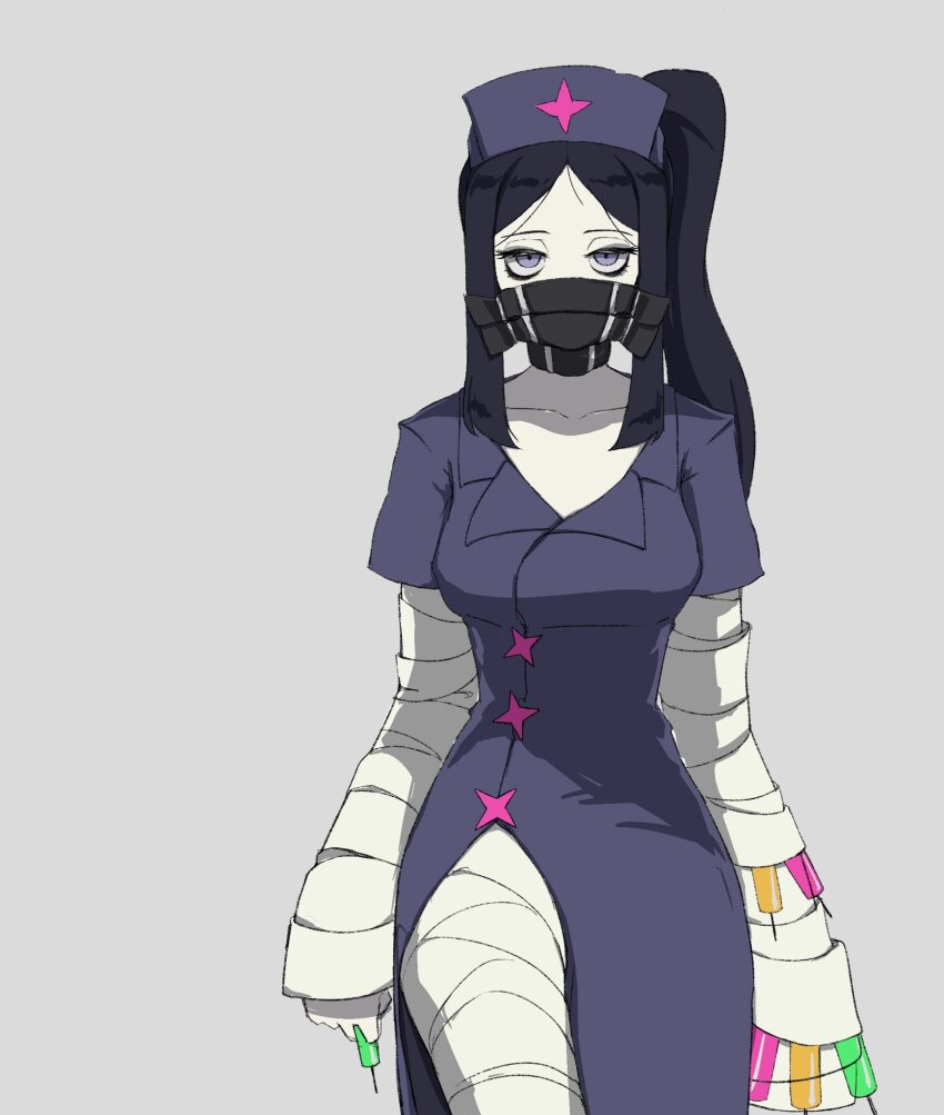 1girl bags_under_eyes bandages belt_collar black_hair blue_eyes collar collarbone cowboy_shot facing_viewer grey_background half-closed_eyes hallow_(skullgirls) hat highres leather_mask lio0oil_o looking_at_viewer nurse_cap ponytail skullgirls solo syringe