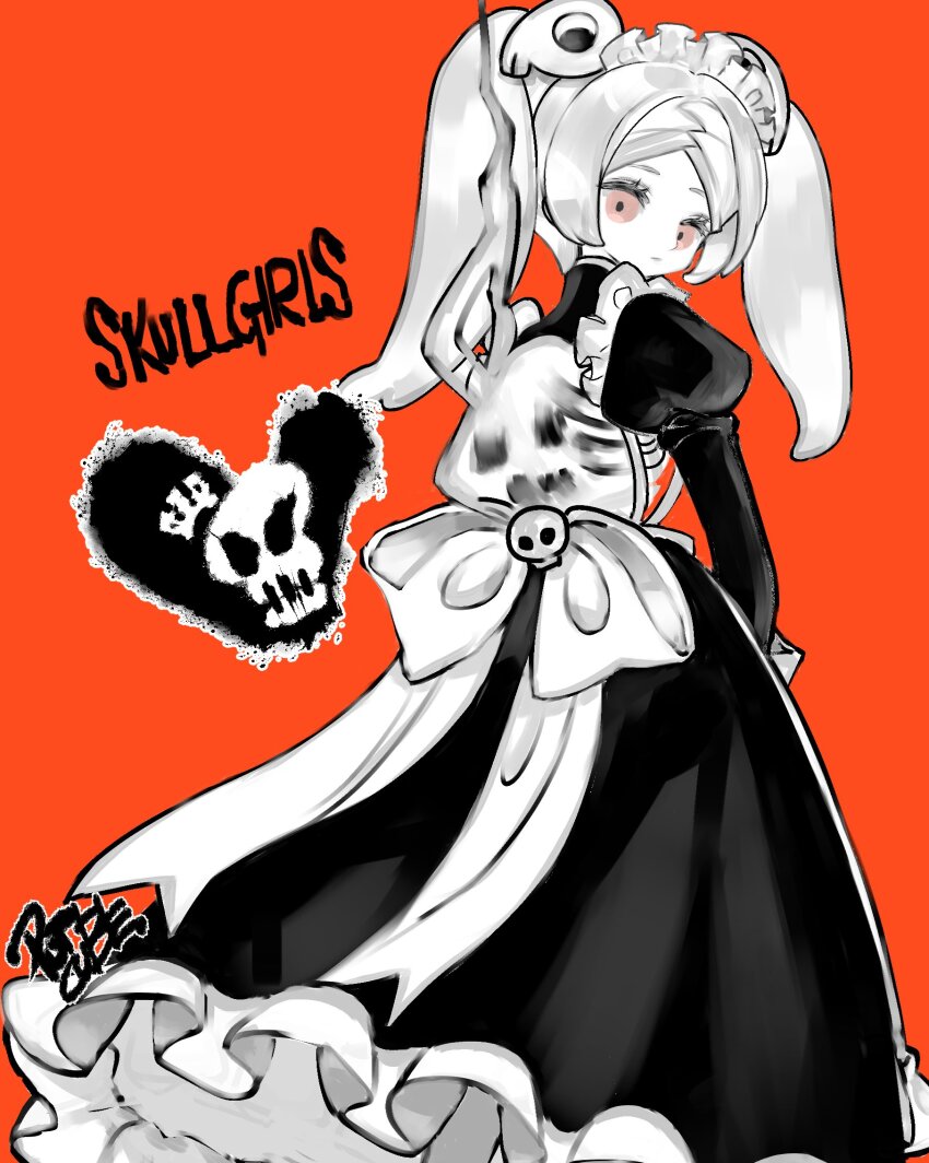 1girl apron bloody_marie_(skullgirls) copyright_name dotcube dress frilled_apron frilled_dress frills from_behind grey_hair greyscale hair_ornament highres juliet_sleeves long_sleeves looking_at_viewer looking_back maid_headdress monochrome orange_background puffy_sleeves ribs skeleton skull_hair_ornament skullgirls solo spot_color twintails