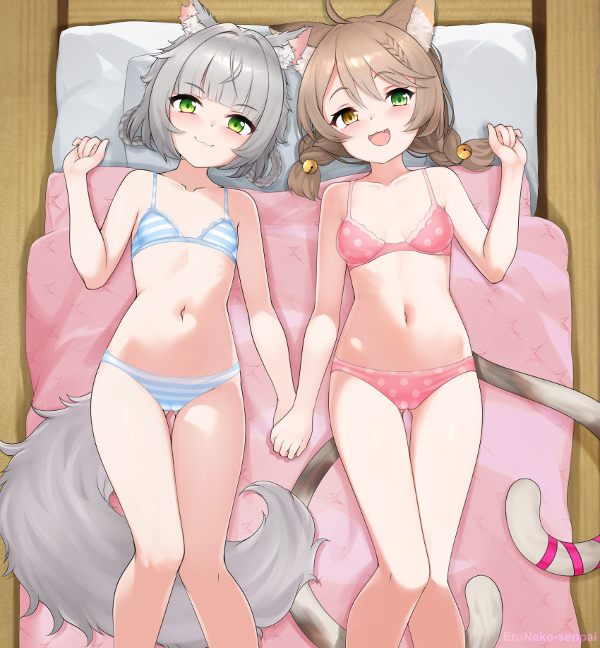 2girls animal_ear_fluff animal_ears bed_sheet belly blanket blue_bra blue_panties bra breasts brown_hair cat_ears cat_girl cat_tail closed_mouth commission eroneko_senpai fang green_eyes grey_hair heterochromia highres holding_hands indie_virtual_youtuber kamizuki_naki looking_at_viewer lying multiple_girls name_tag navel nose on_back on_floor open_mouth panties pillow pink_bra pink_panties polka_dot polka_dot_bra polka_dot_panties prism_project small_breasts striped_bra striped_clothes striped_panties suzune_nia tail underwear underwear_only virtual_youtuber wolf_ears wolf_girl wolf_tail yellow_eyes