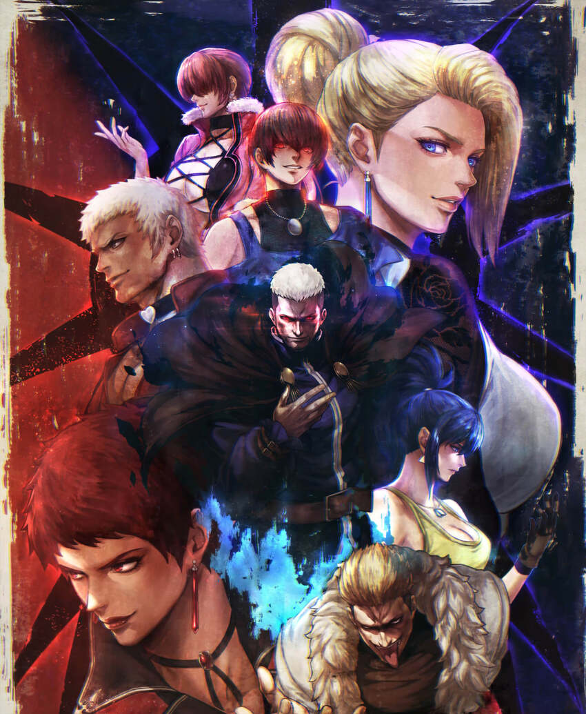 absurdres arm_pouch bare_shoulders beard belt biceps black_gloves black_hair blonde_hair blue_eyes blue_hair breasts brown_eyes brown_hair choker chris_(kof) cleavage crop_top dog_tags earrings facial_hair gloves goenitz habit hair_bun highres jewelry large_breasts leona_heidern lips lipstick long_hair long_sleeves looking_at_viewer makeup mature_(kof) multicolored_hair multiple_boys multiple_girls nanakase_yashiro navel official_art ponytail priest red_eyes red_hair shermie_(kof) short_hair simple_background single_hair_bun smile snk soldier tank_top the_king_of_fighters triangle_earrings two-tone_hair vice_(kof) yamazaki_ryuuji yellow_tank_top