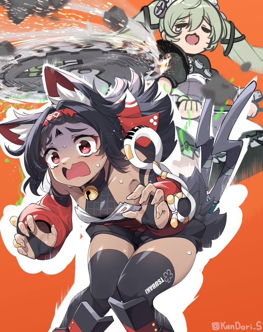 2girls absurdres animal_ear_fluff animal_ears bell black_hair black_shorts black_thighhighs cat_ears circular_saw corin_wickes dark-skinned_female dark_skin detached_sleeves dress facial_mark forehead_mark green_hair hair_between_eyes hairband highres holding holding_weapon kandori legs_together long_hair multiple_girls neck_bell nekomiya_mana nervous_sweating open_mouth orange_background puffy_short_sleeves puffy_sleeves red_hairband saw scared screw_hair_ornament shin_guards short_shorts short_sleeves shorts sweat thighhighs twintails twitter_username weapon wide-eyed zenless_zone_zero