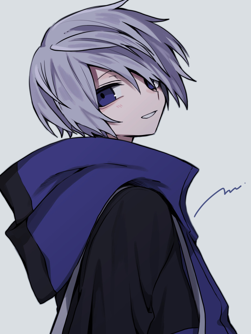 1boy from_side grey_hair highres hood hood_down hooded_jacket jacket looking_back maco22 male_focus original purple_eyes short_hair smile solo upper_body