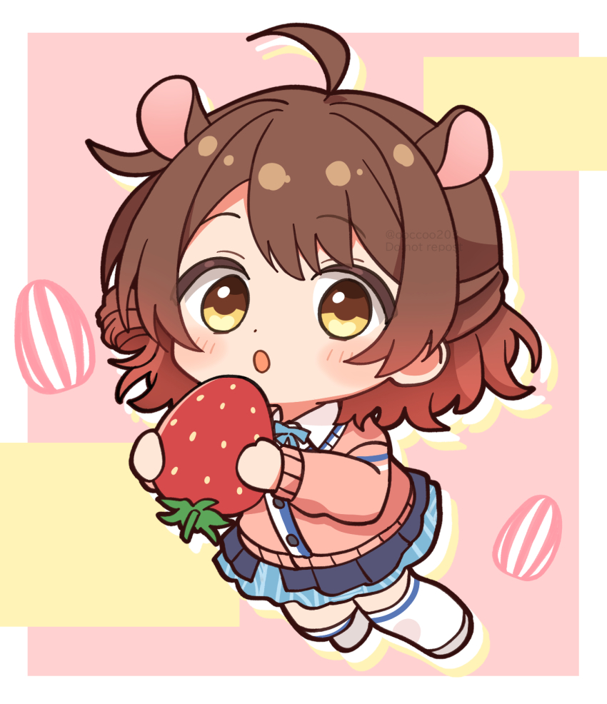 1girl :o ahoge animal_ears artist_name blue_overskirt blue_ribbon blue_skirt blush border brown_eyes brown_hair buttons cardigan chibi collared_shirt commentary_request food fruit gakuen_idolmaster gradient_hair hair_between_eyes hair_bun hamster_ears hamster_girl hanami_ume hands_up hatsuboshi_gakuen_school_uniform highres holding holding_food holding_fruit idolmaster long_sleeves looking_at_viewer medium_hair mikawa_ayumu miniskirt multicolored_hair neck_ribbon open_mouth overskirt parted_bangs pink_background pink_cardigan pleated_skirt red_hair ribbon school_uniform seed shirt simple_background single_side_bun skirt solo strawberry sunflower_seed thighhighs twitter_username watermark white_border white_thighhighs wing_collar