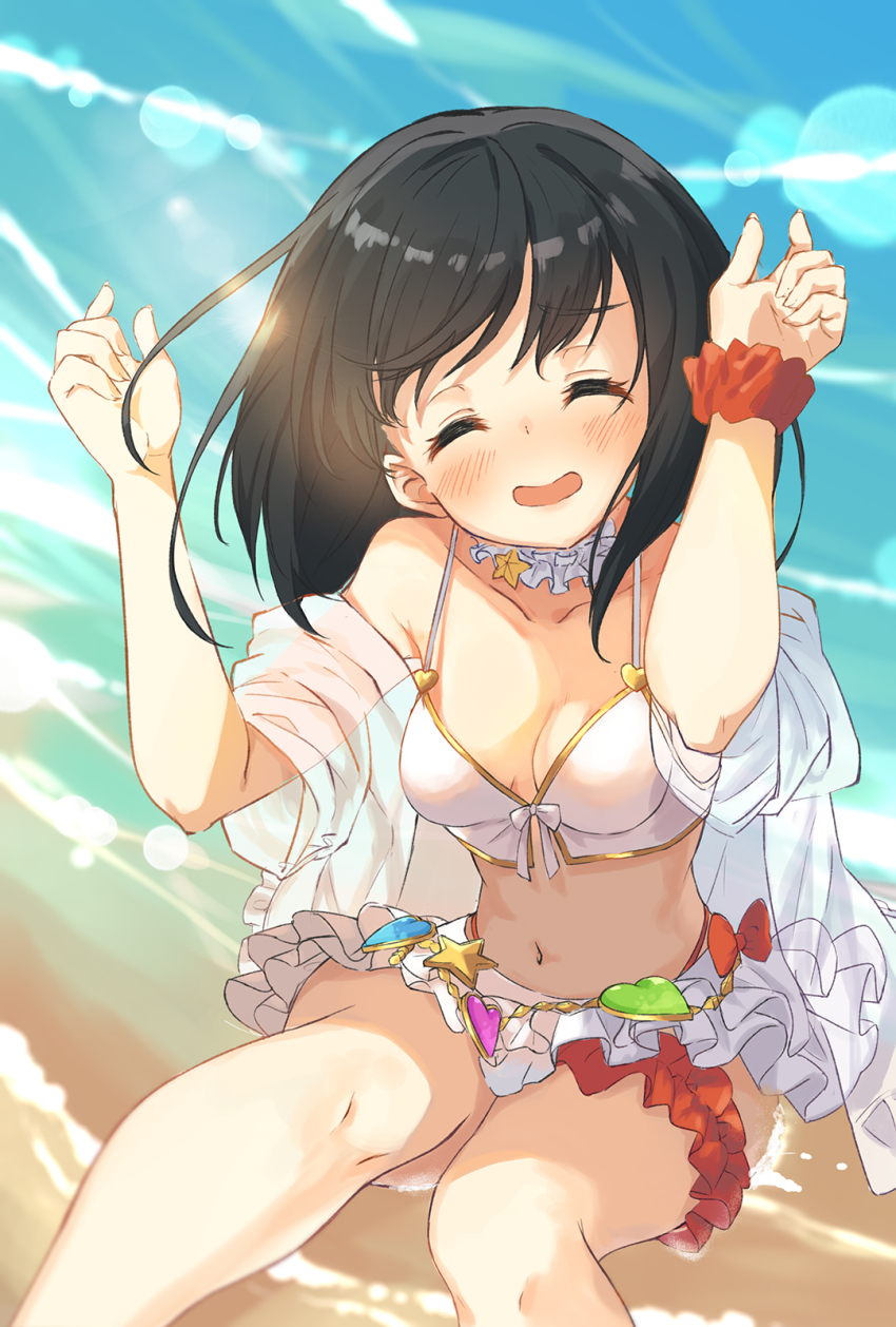 1girl ^_^ arms_up bare_shoulders beach bikini bikini_skirt black_hair blush breasts closed_eyes collarbone day facing_viewer feet_out_of_frame frills granblue_fantasy halterneck happy highres knees_together_feet_apart medium_hair navel ocean off_shoulder open_clothes open_mouth open_shirt outdoors red_scrunchie saboten_mushi scrunchie see-through see-through_shirt shirt sitting small_breasts smile solo stomach summer swimsuit thigh_scrunchie vikala_(granblue_fantasy) white_bikini white_shirt wrist_scrunchie