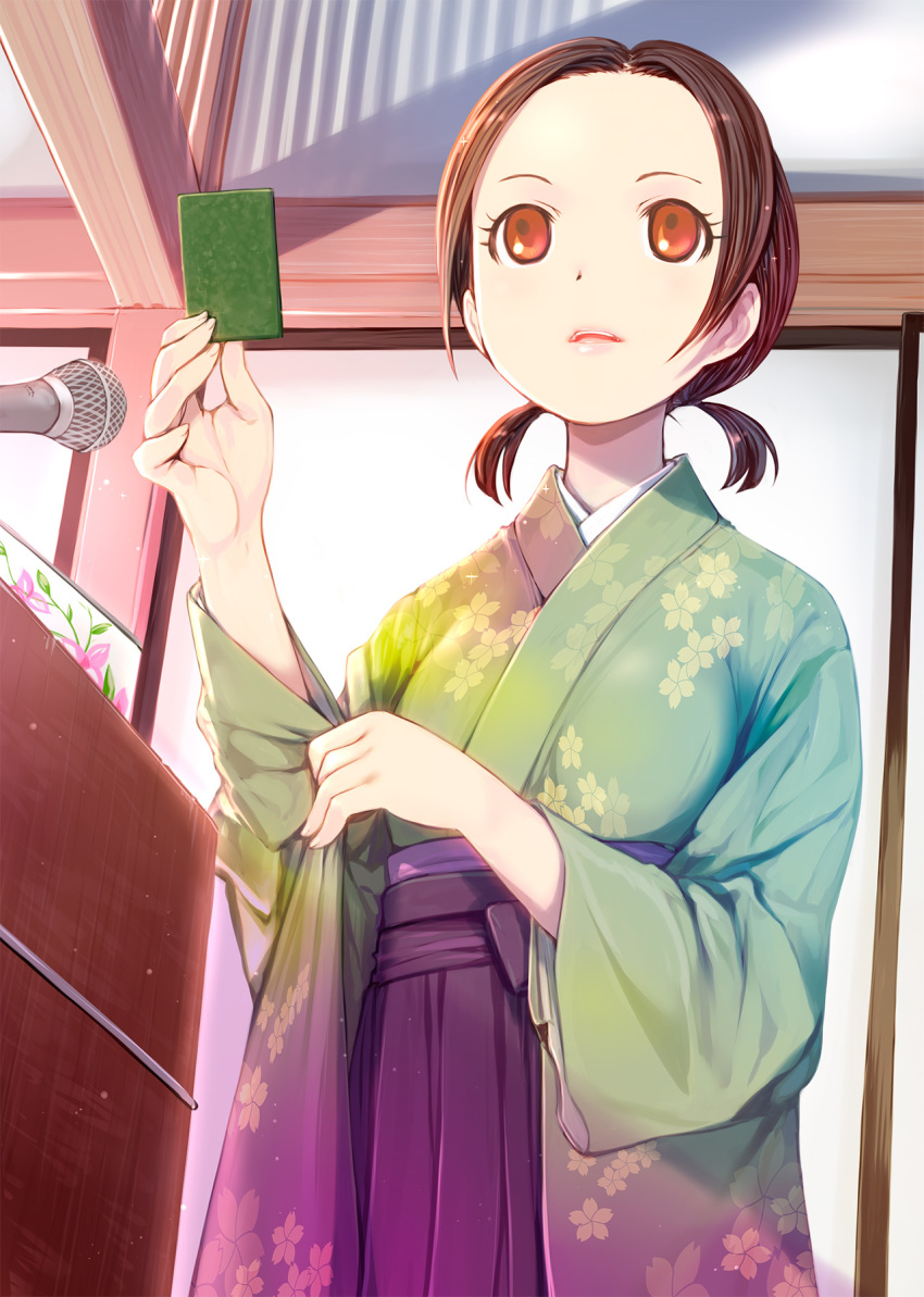 1girl brown_eyes brown_hair card chihayafuru floral_print forehead hakama hakama_skirt highres iroha_karuta japanese_clothes karuta_(card_game) kimono lips long_sleeves low_twintails microphone mikazuki_akira! ooe_kanade open_mouth parted_bangs short_hair short_twintails skirt sliding_doors solo twintails wide_sleeves