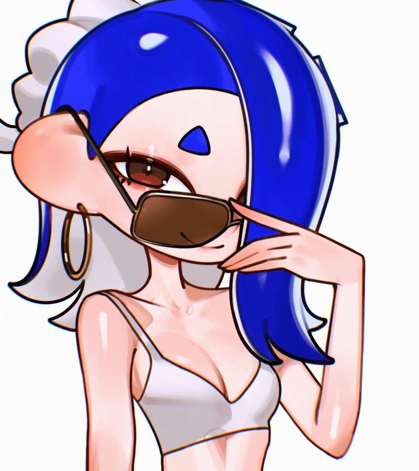 1girl adjusting_eyewear alternate_costume blue_hair collarbone corkie_cookie earrings eyeliner hair_over_one_eye hoop_earrings jewelry looking_at_viewer makeup nintendo octoling red_eyes shiver_(splatoon) smile solo splatoon_(series) splatoon_3 sunglasses tank_top tentacle_hair upper_body white_background