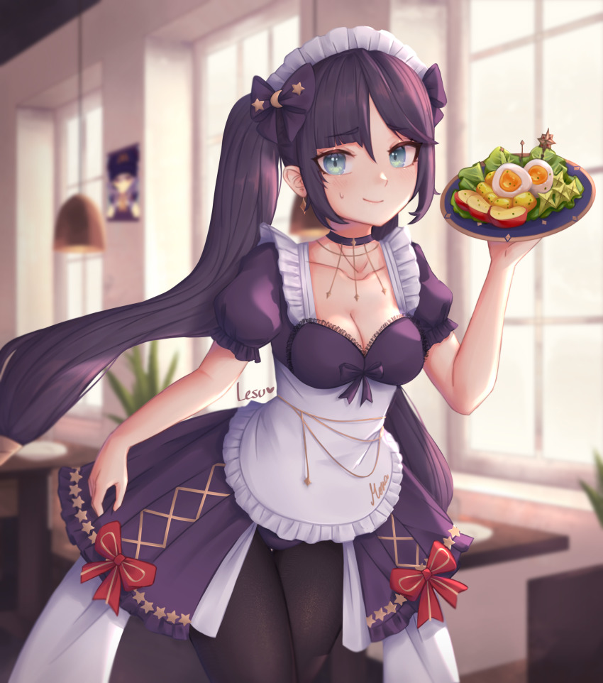 1girl absurdres apron black_pantyhose blue_eyes blush bow breasts choker cleavage dress egg egg_(food) food genshin_impact hair_bow highres indoors leaning_forward lesu looking_at_viewer maid maid_apron maid_headdress medium_breasts mona_(genshin_impact) pantyhose plate puffy_short_sleeves puffy_sleeves purple_hair salad short_sleeves smile sweatdrop twintails window