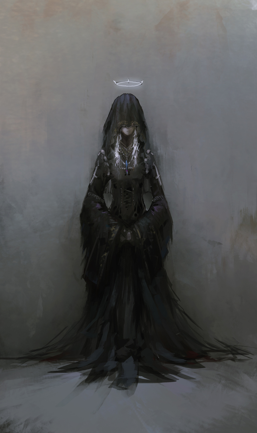 1girl black_dress dress halo highres hood jewelry long_hair necklace novelance pixiv_fantasia pixiv_fantasia_revenge_of_the_darkness solo standing white_hair