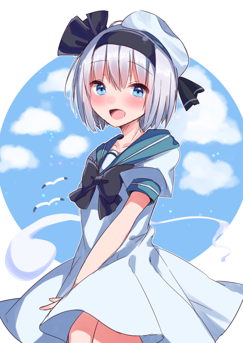 1girl 1other absurdres bird black_bow black_bowtie black_headband blue_eyes blue_sailor_collar blush bow bowtie collarbone commentary_request cowboy_shot dress frilled_headband full-face_blush hair_between_eyes hat headband highres juliet_sleeves konpaku_youmu konpaku_youmu_(ghost) long_sleeves looking_at_viewer open_mouth otowa_(otoha4634) outside_border pleated_dress puffy_sleeves sailor_collar seagull short_hair sky standing thighs touhou turning_head white_background white_dress white_hair white_hat