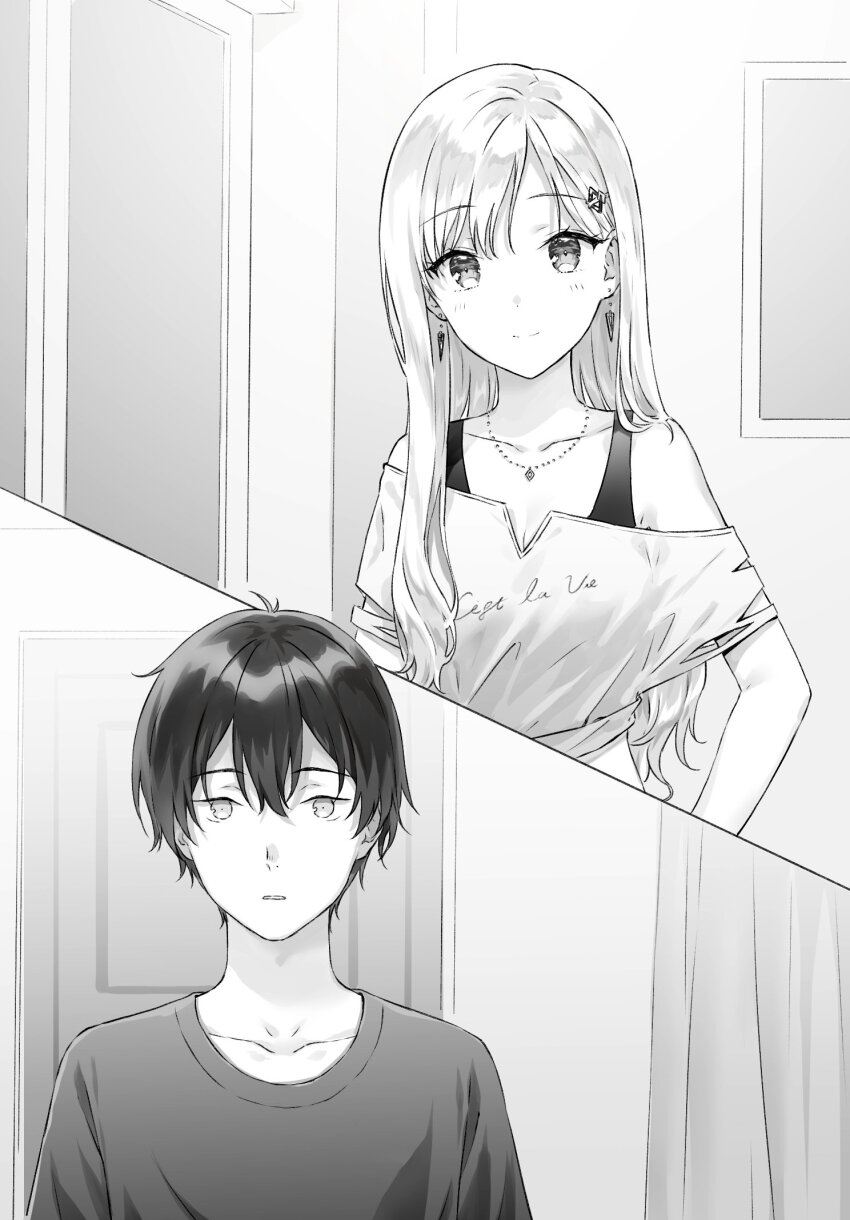 1boy 1girl asamura_yuuta ayase_saki bare_shoulders brother_and_sister closed_mouth collarbone commentary_request cropped_shirt earrings gimai_seikatsu greyscale hair_ornament hairclip hand_on_own_hip highres hiten_(hitenkei) jewelry long_hair looking_at_viewer monochrome novel_illustration off-shoulder_shirt off_shoulder official_art parted_lips print_shirt second-party_source shirt short_hair siblings smile step-brother_and_step-sister step-siblings